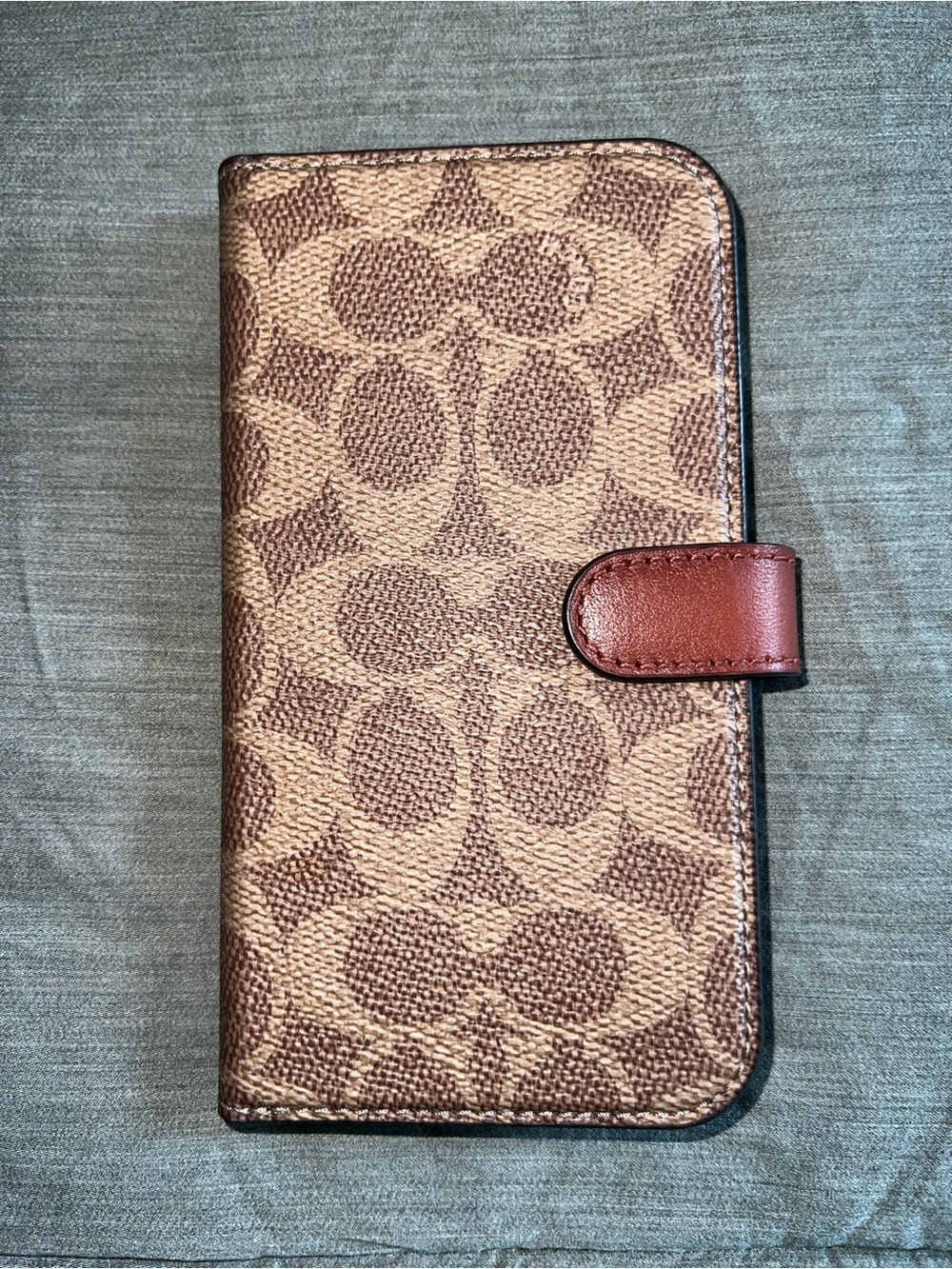 Coach Signature Canvas Phone Wallet in Tan and Brown with Snap Closure